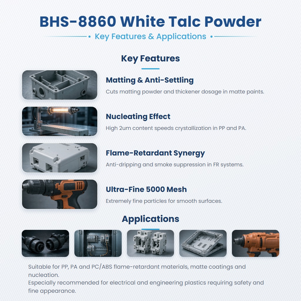 BHS-8860 Achromatic High-Whiteness Matting Talc Powder with Anti-Sedimentation and Flame Retardant Synergy - Image 2